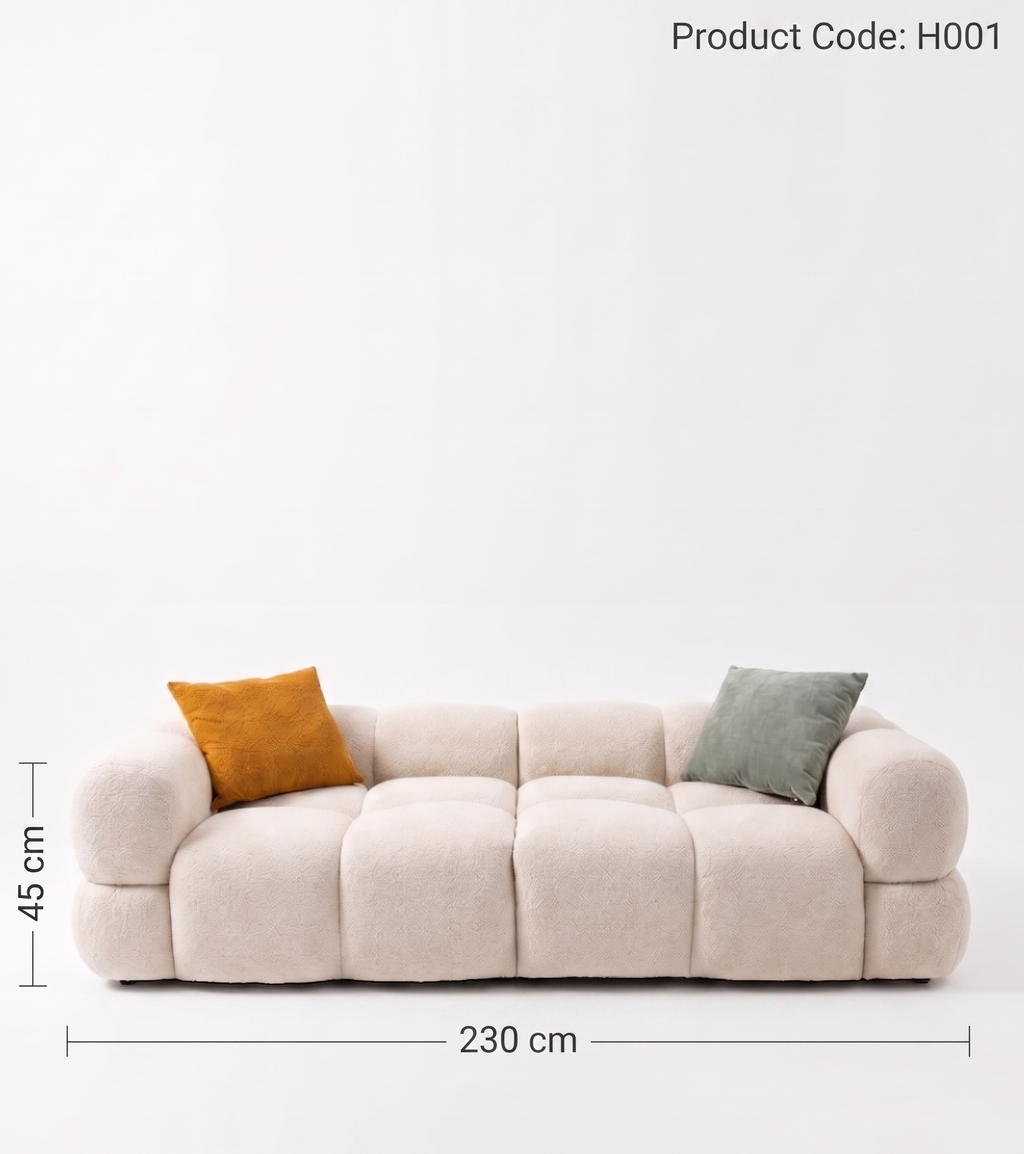 Beige sofa with two cushions on a white background, including dimensions.