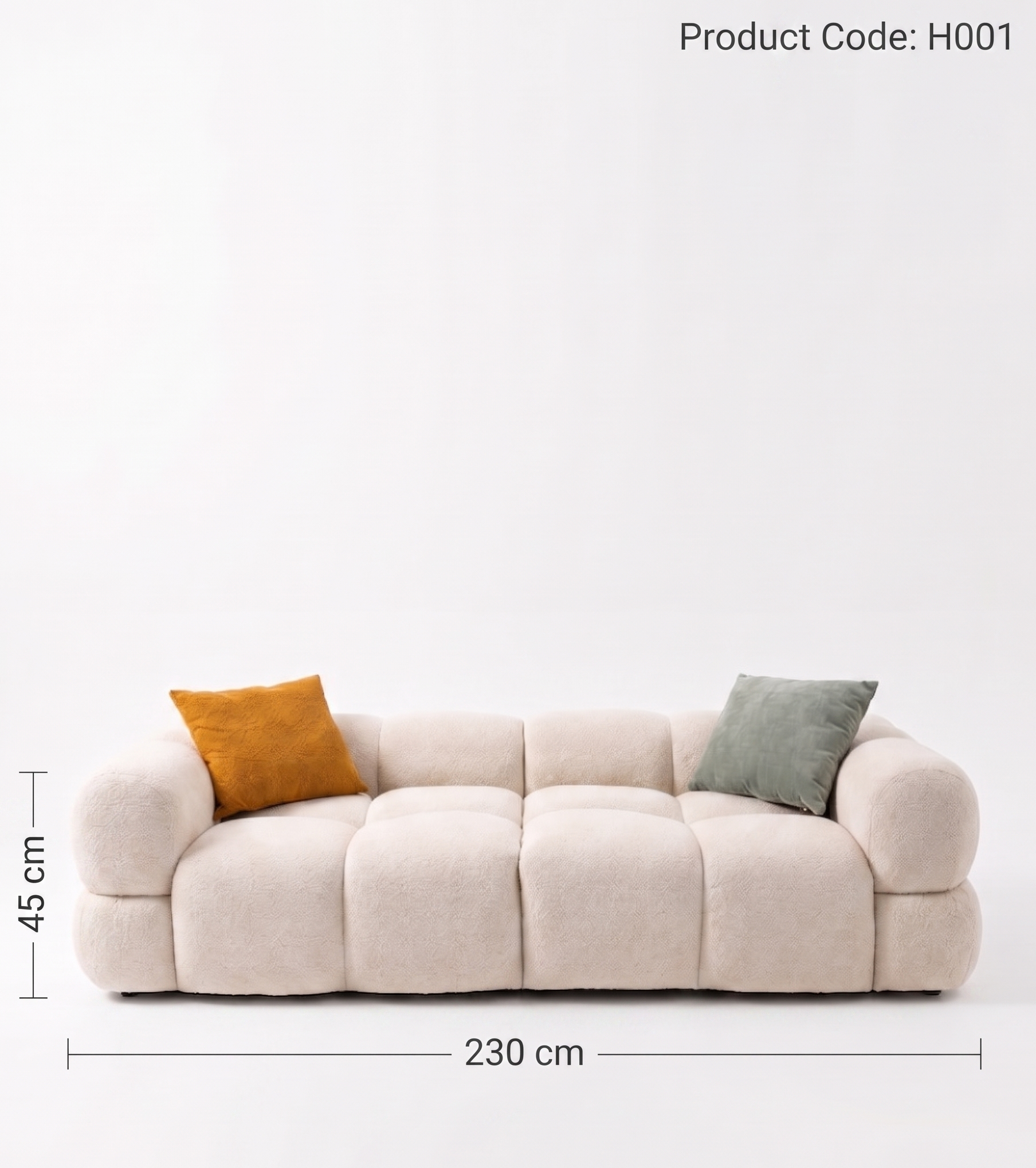 Beige sofa with two cushions on a white background, including dimensions.