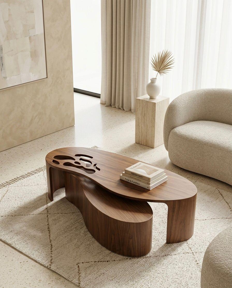 Modern living room with a wooden coffee table, beige sofa, and decorative elements.