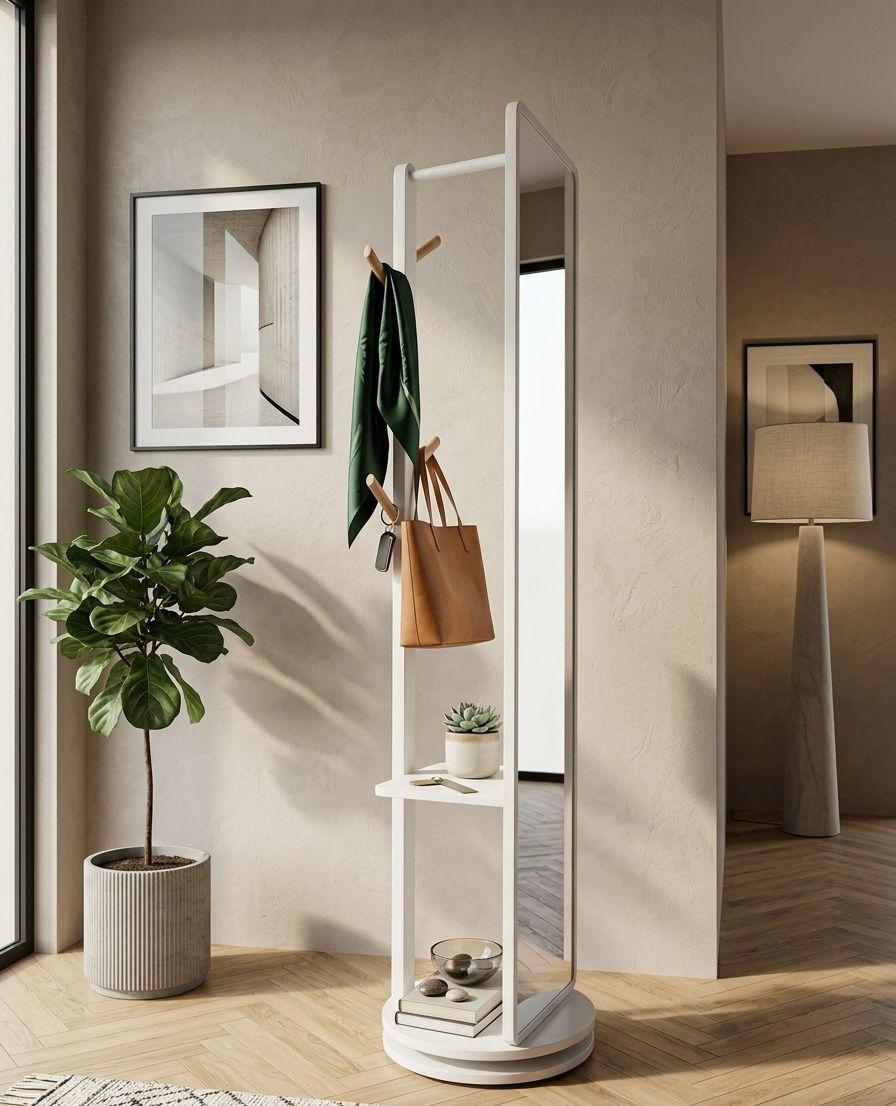 White freestanding mirror with shelves in a room with a plant and framed picture.