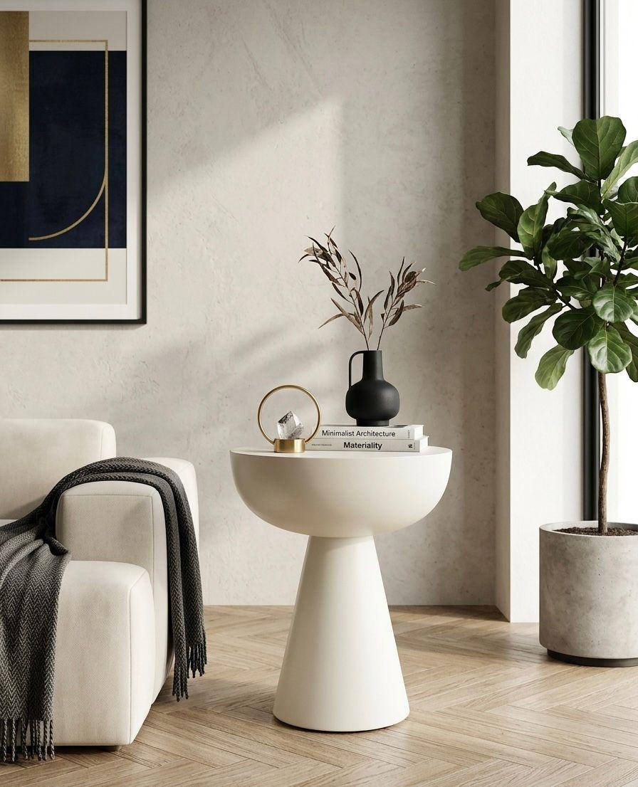 Modern living room with a white side table, armchair, and plant.