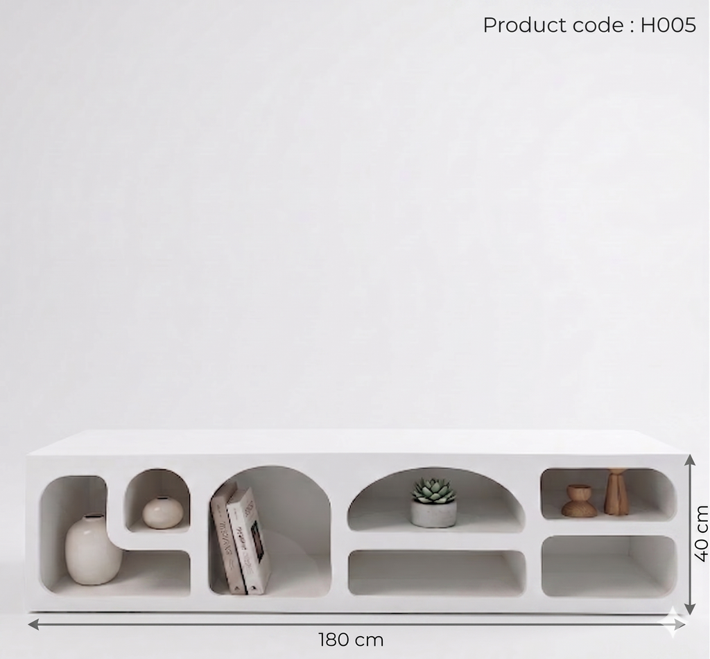 White shelving unit with various items on a light gray background, product code H005.