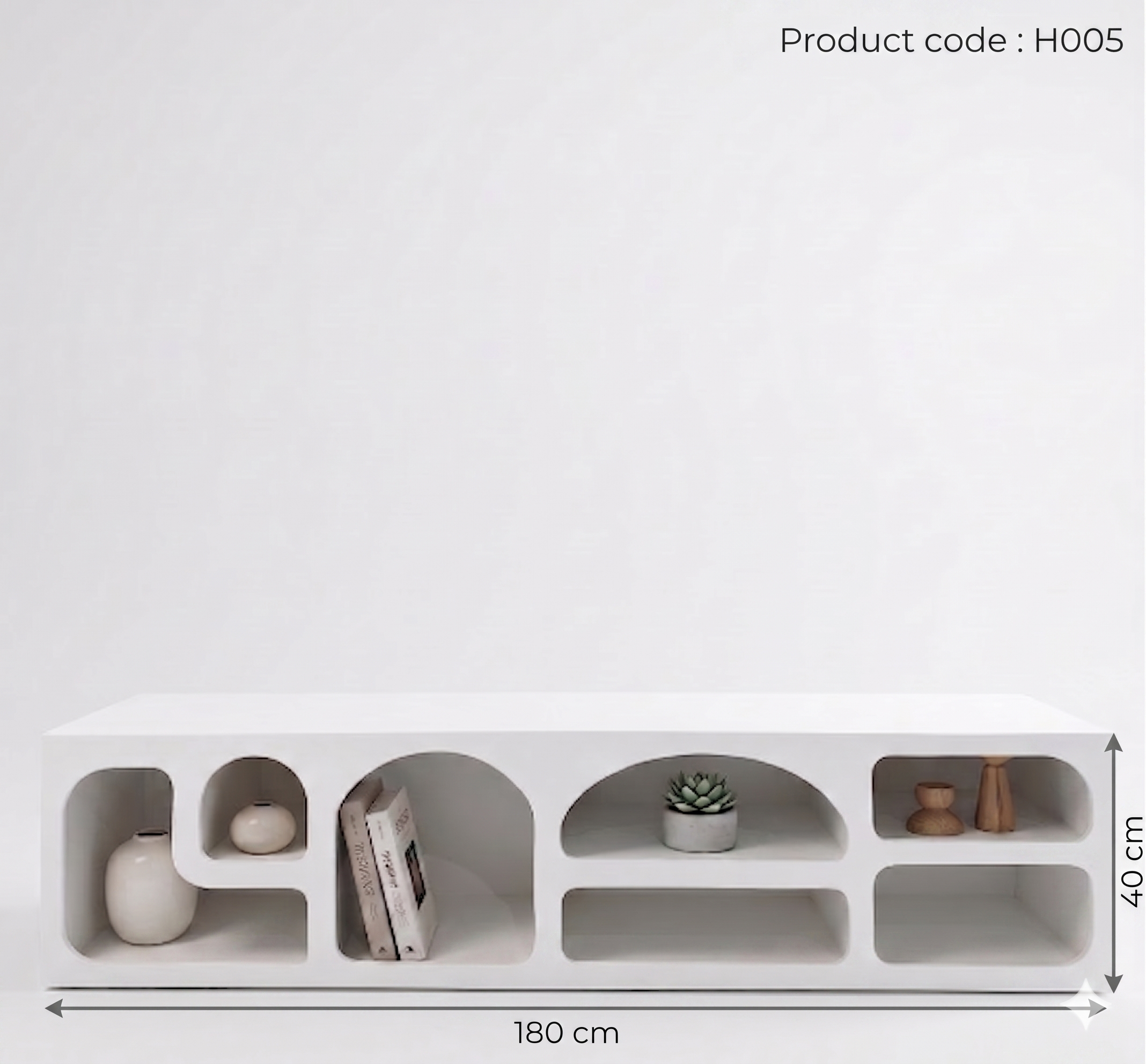 White shelving unit with various items on a light gray background, product code H005.