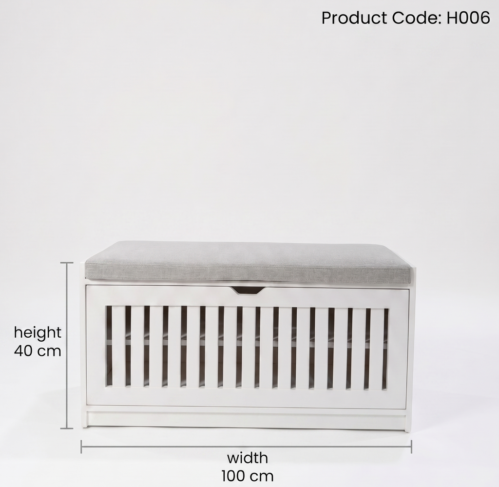 White storage bench with gray cushion and dimensions on a light gray background