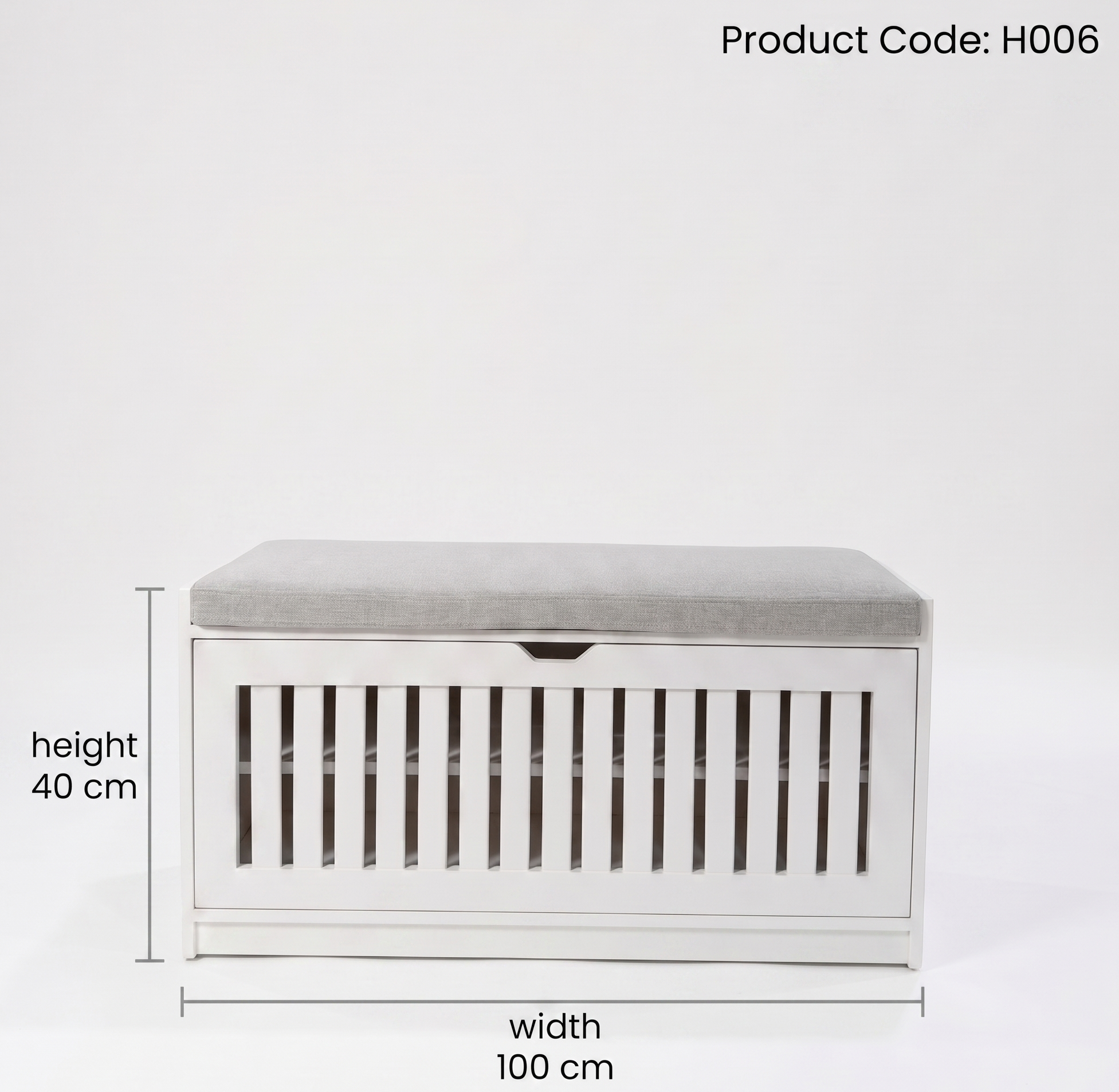 White storage bench with gray cushion and dimensions on a light gray background
