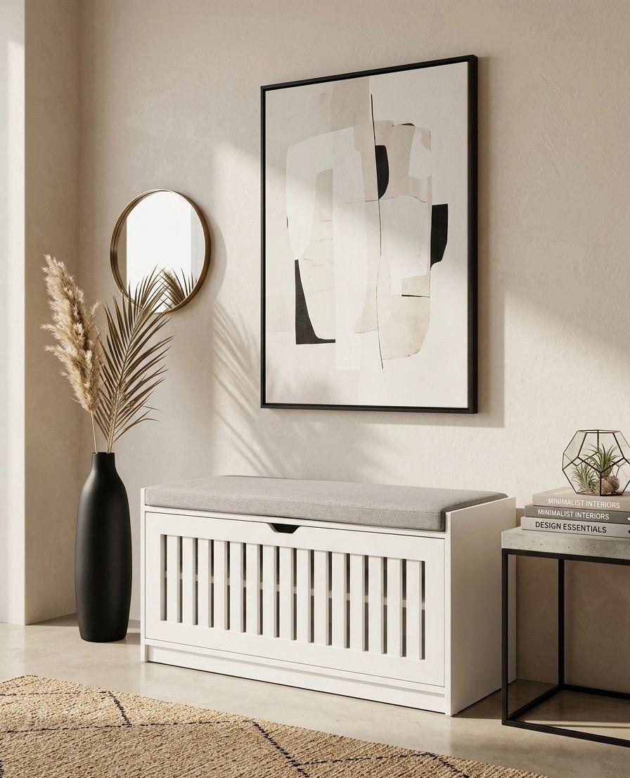 White storage bench in a room with abstract art, vase, and books.