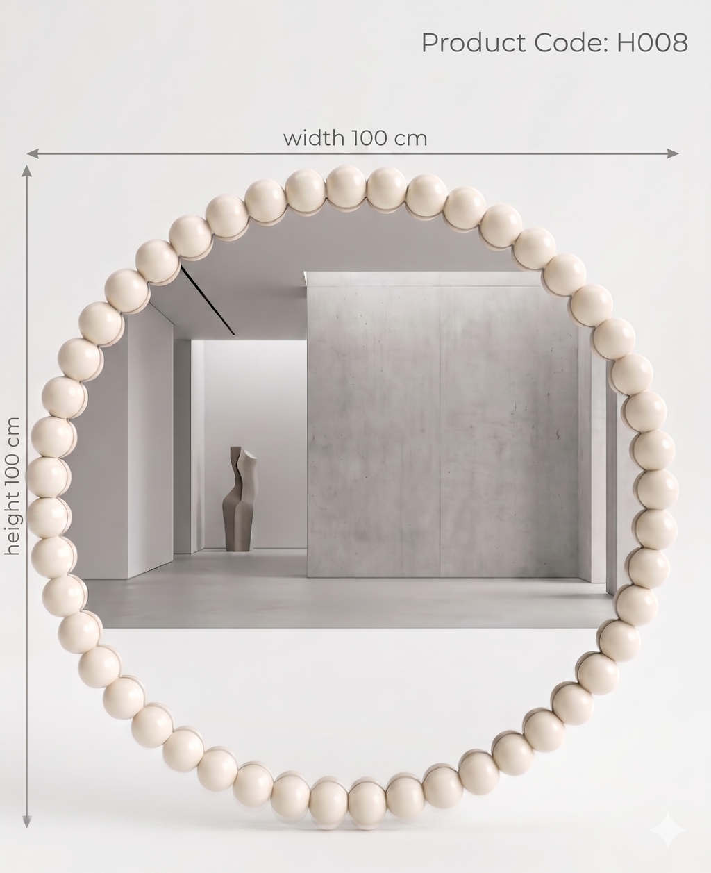 Round mirror with a bead-like frame on a white wall, dimensions indicated.