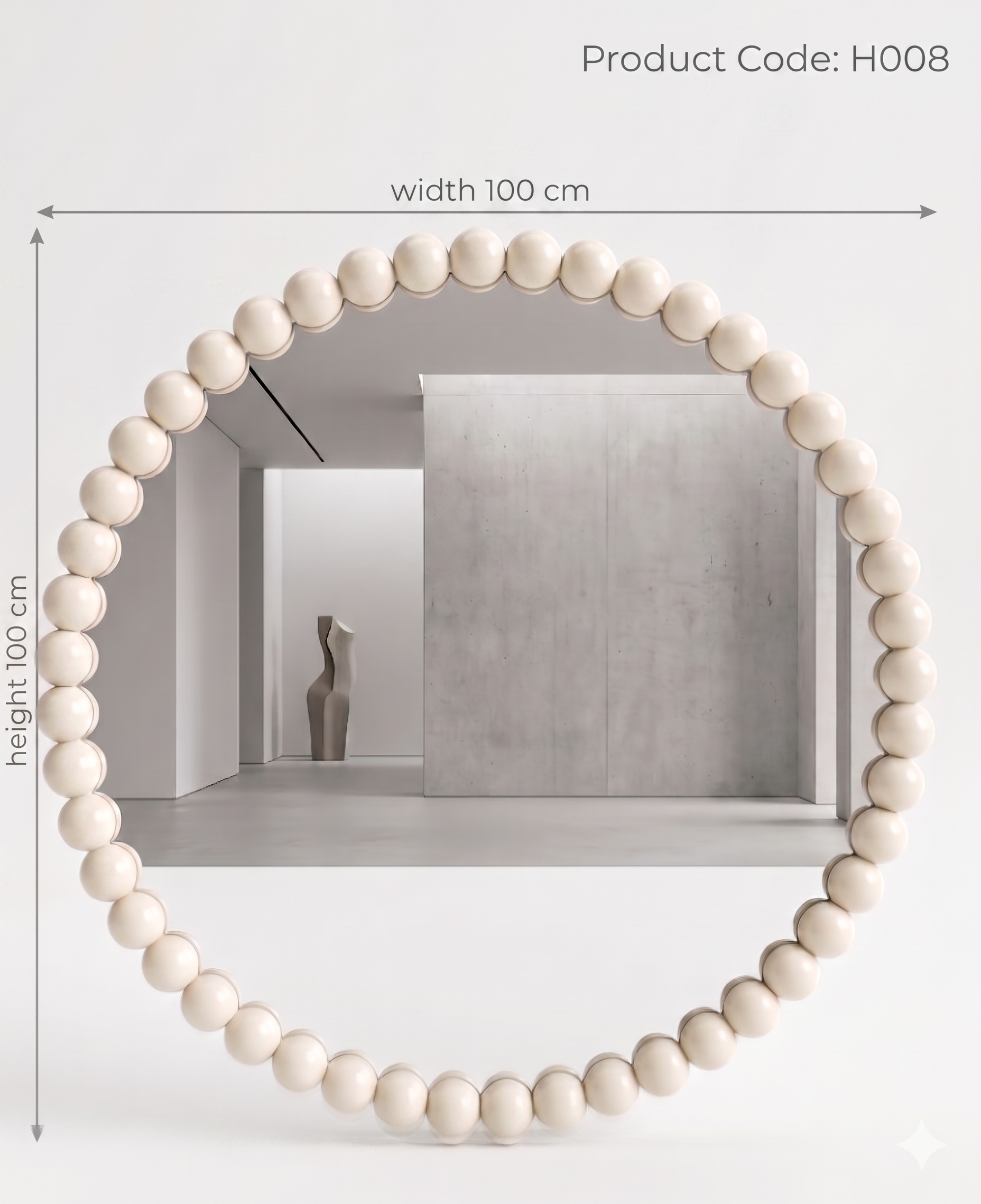 Round mirror with a bead-like frame on a white wall, dimensions indicated.