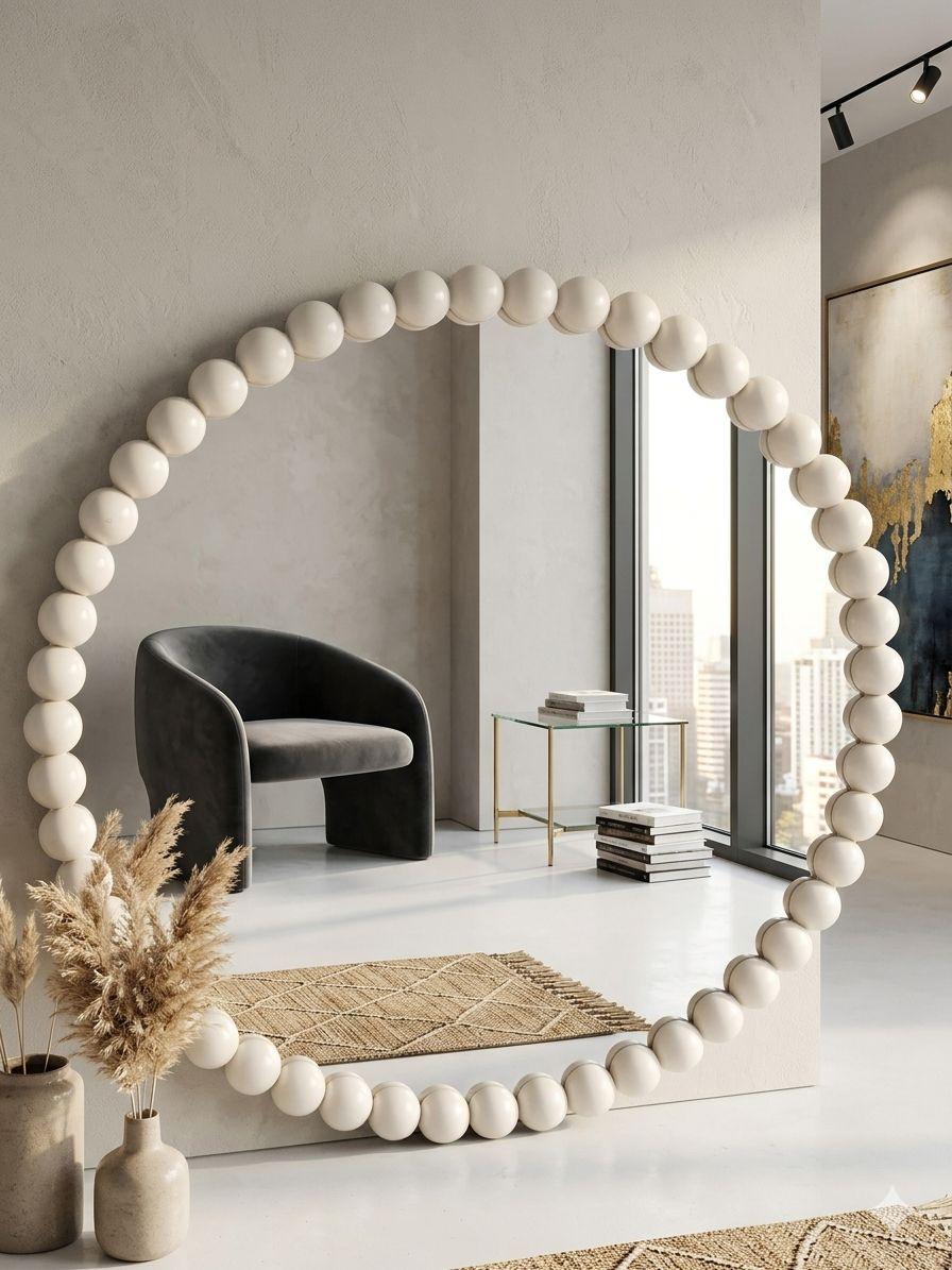 Large decorative mirror with a white bead frame in a modern interior setting.